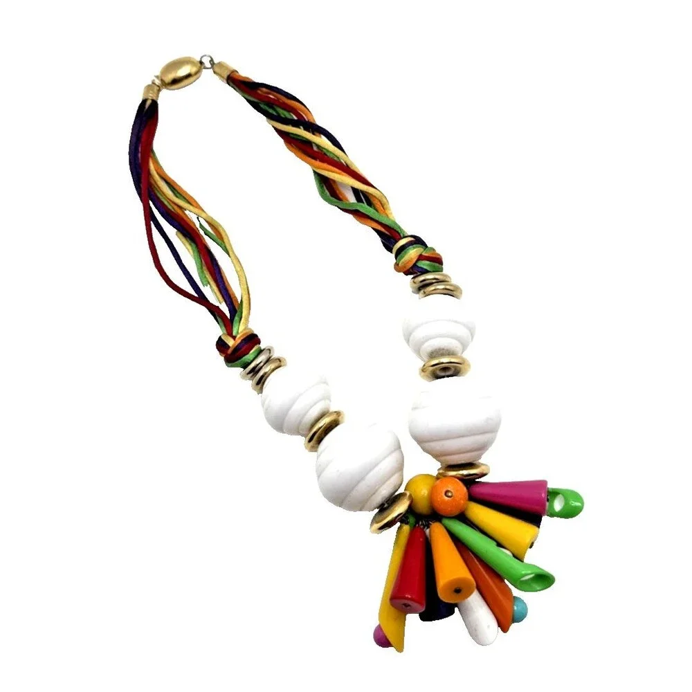 Vintage Statement Necklace Colorful Spike Beads Multi Cord Chunky Pop Art 18